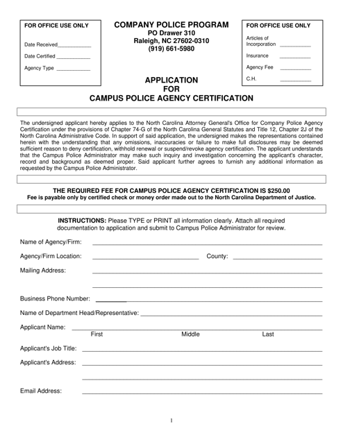 Application for Campus Police Agency Certification - North Carolina Download Pdf