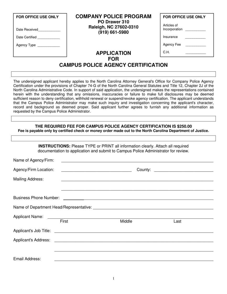 Application for Campus Police Agency Certification - North Carolina, Page 1
