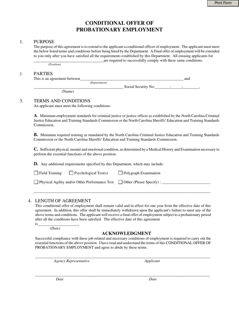 Conditional Offer of Probationary Employment - North Carolina Download Pdf