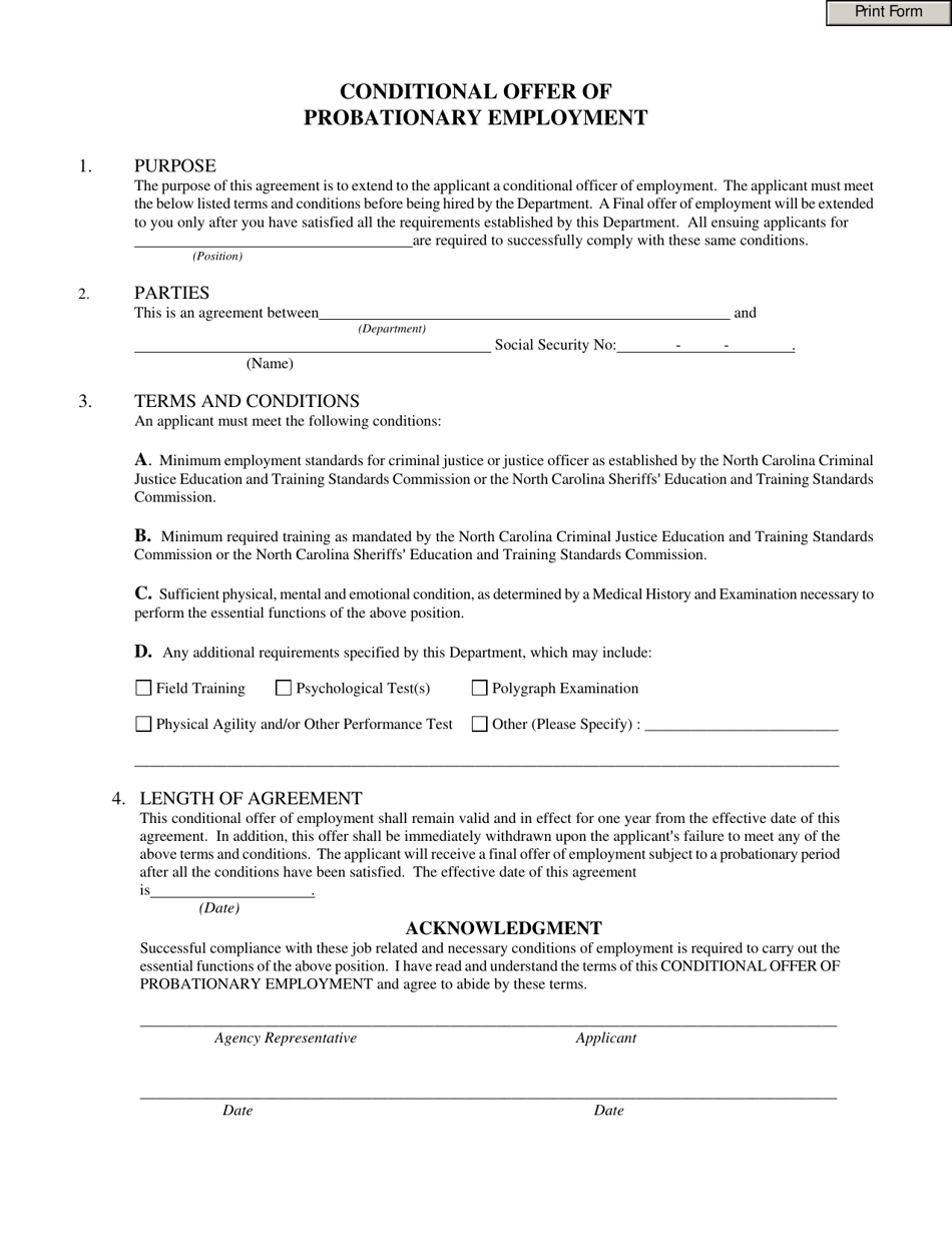 North Carolina Conditional Offer of Probationary Employment Fill Out