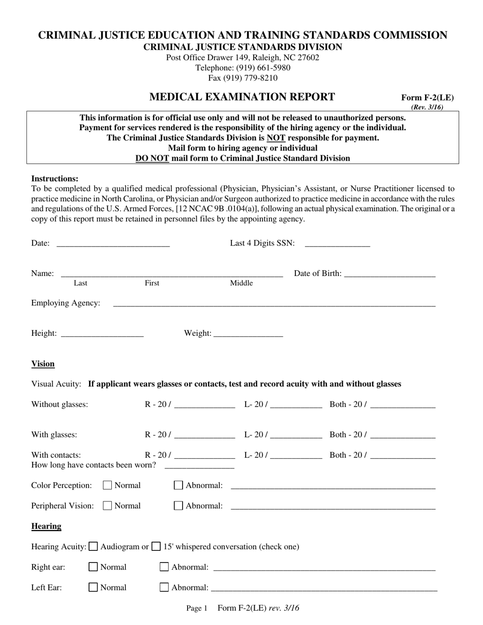 Form F-2(LE) Medical Examination Report - North Carolina, Page 1