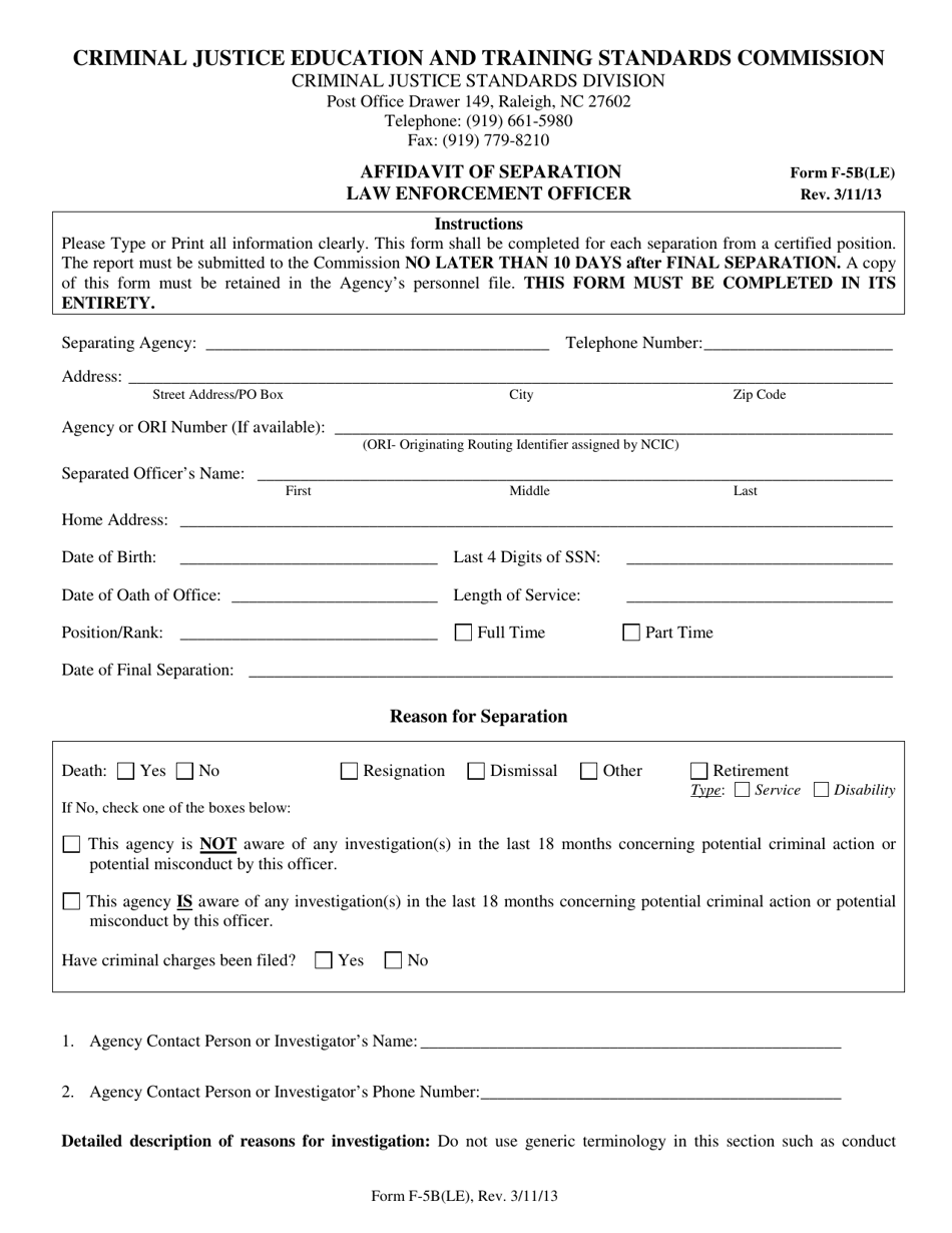 Form F-5B(LE) Affidavit of Separation Law Enforcement Officer - North Carolina, Page 1