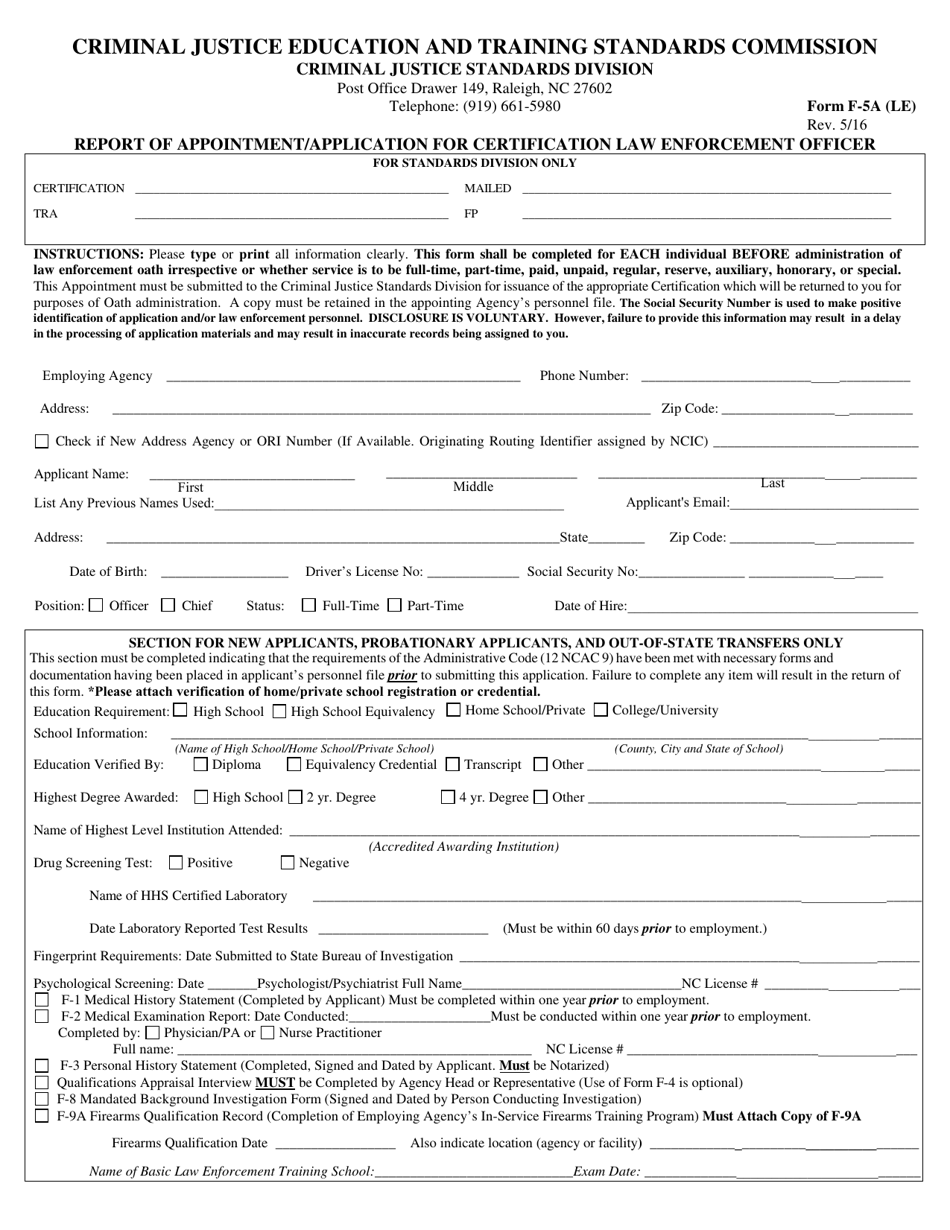 Form F-5A(LE) Report of Appointment / Application for Certification Law Enforcement Officer - North Carolina, Page 1