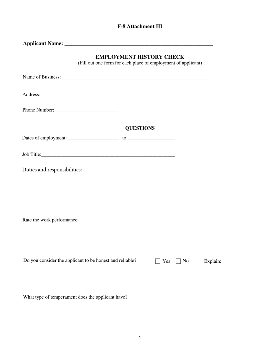 Form F-8 Attachment III Employment History Check - North Carolina, Page 1