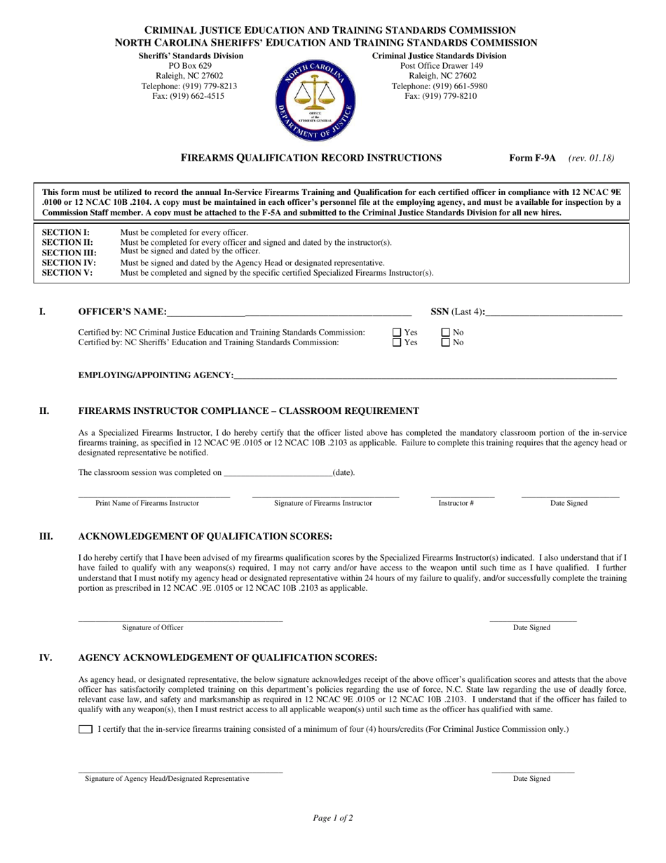 Form F-9A Firearms Qualification Record - North Carolina, Page 1