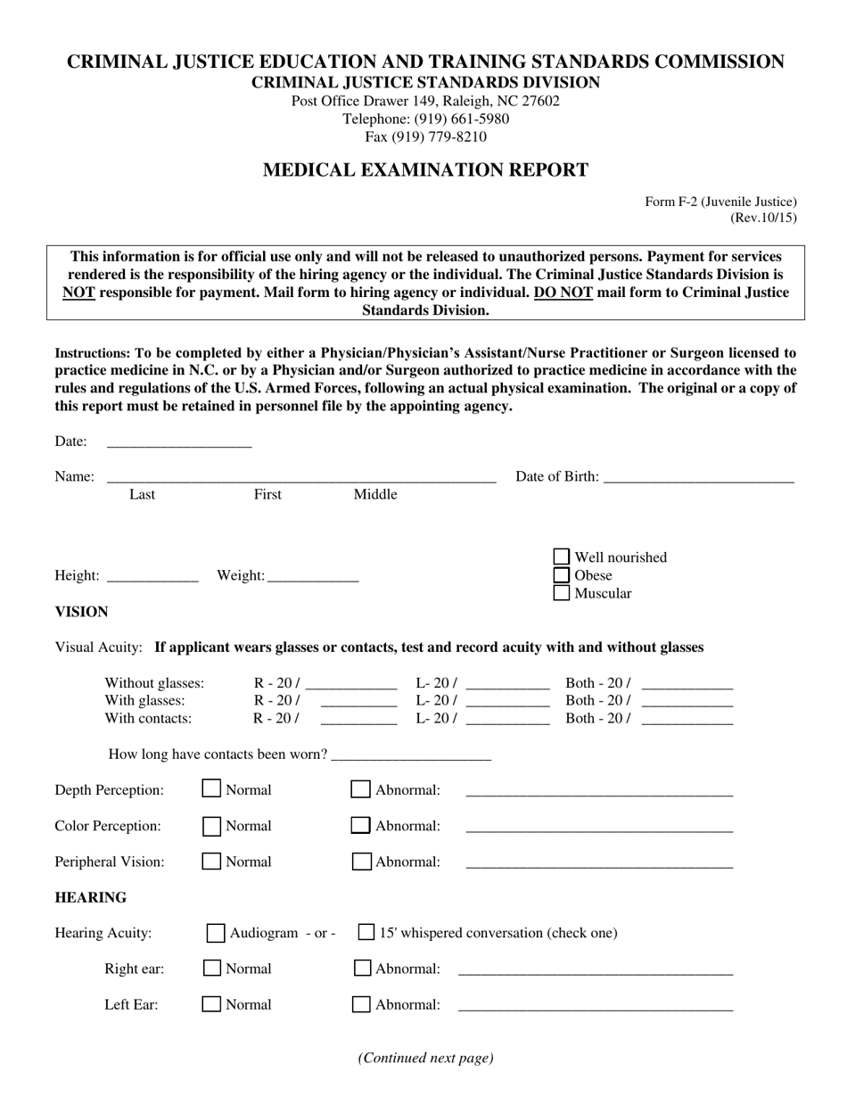 Form F-2 (JUVENILE JUSTICE) Medical Examination Report - North Carolina, Page 1
