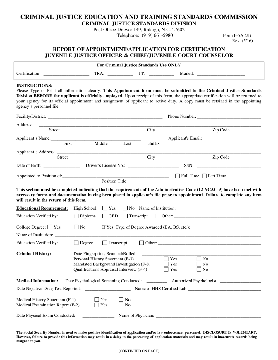 Form F-5A (JJ) Report of Appointment / Application for Certification Juvenile Justice Officer  Chief / Juvenile Court Counselor - North Carolina, Page 1