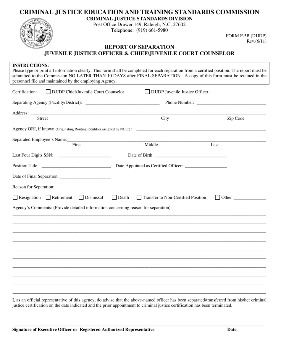 Form F-5B (DJJDP) Report of Separation - North Carolina, Page 1