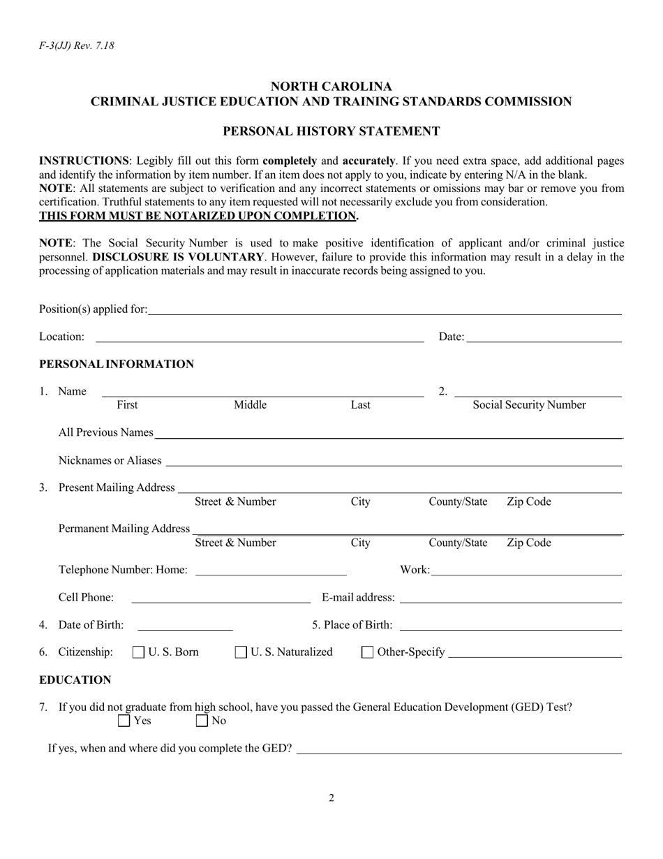 Form F-3 (JJ) Personal History Statement - North Carolina, Page 2