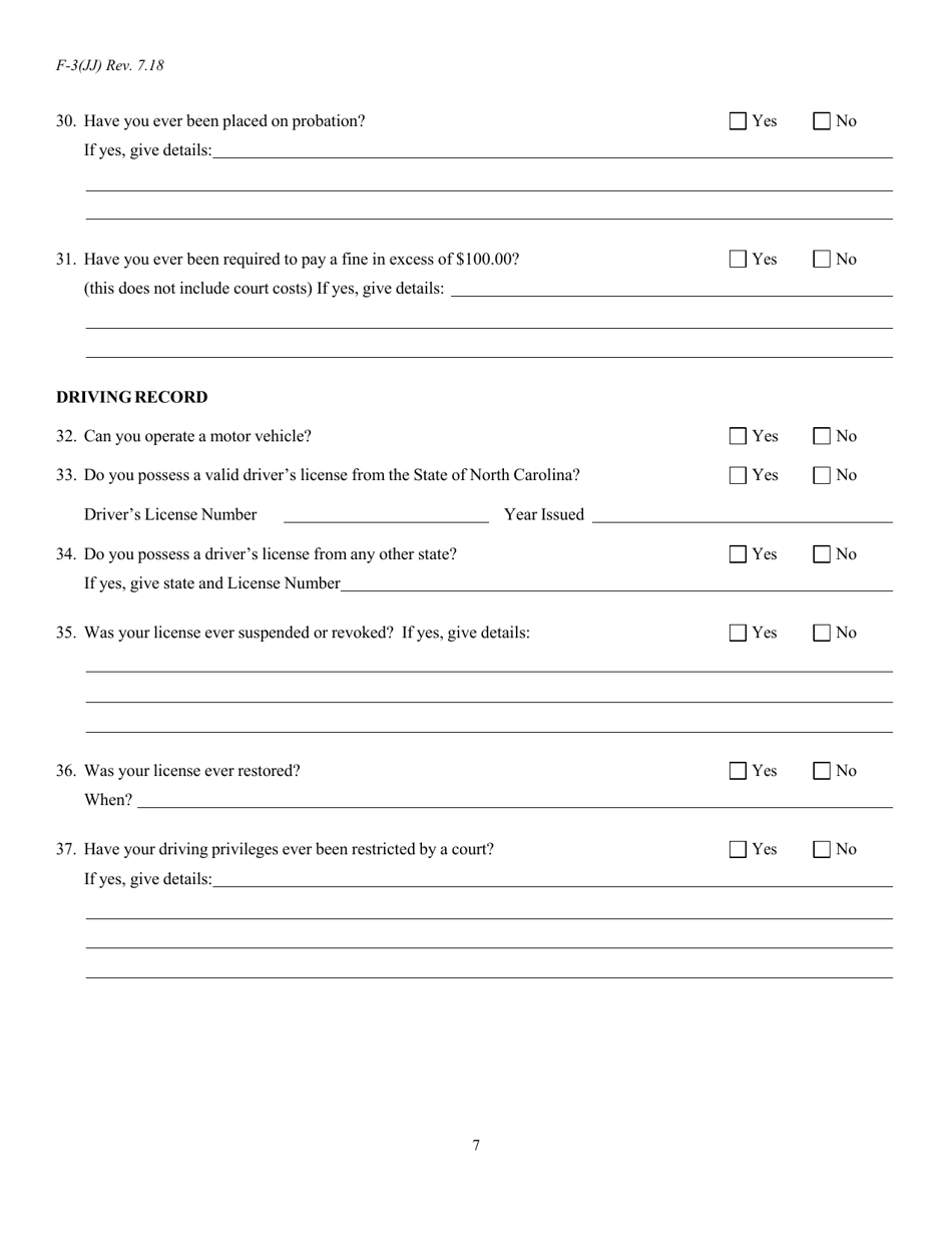 Form F-3 (JJ) Personal History Statement - North Carolina, Page 7