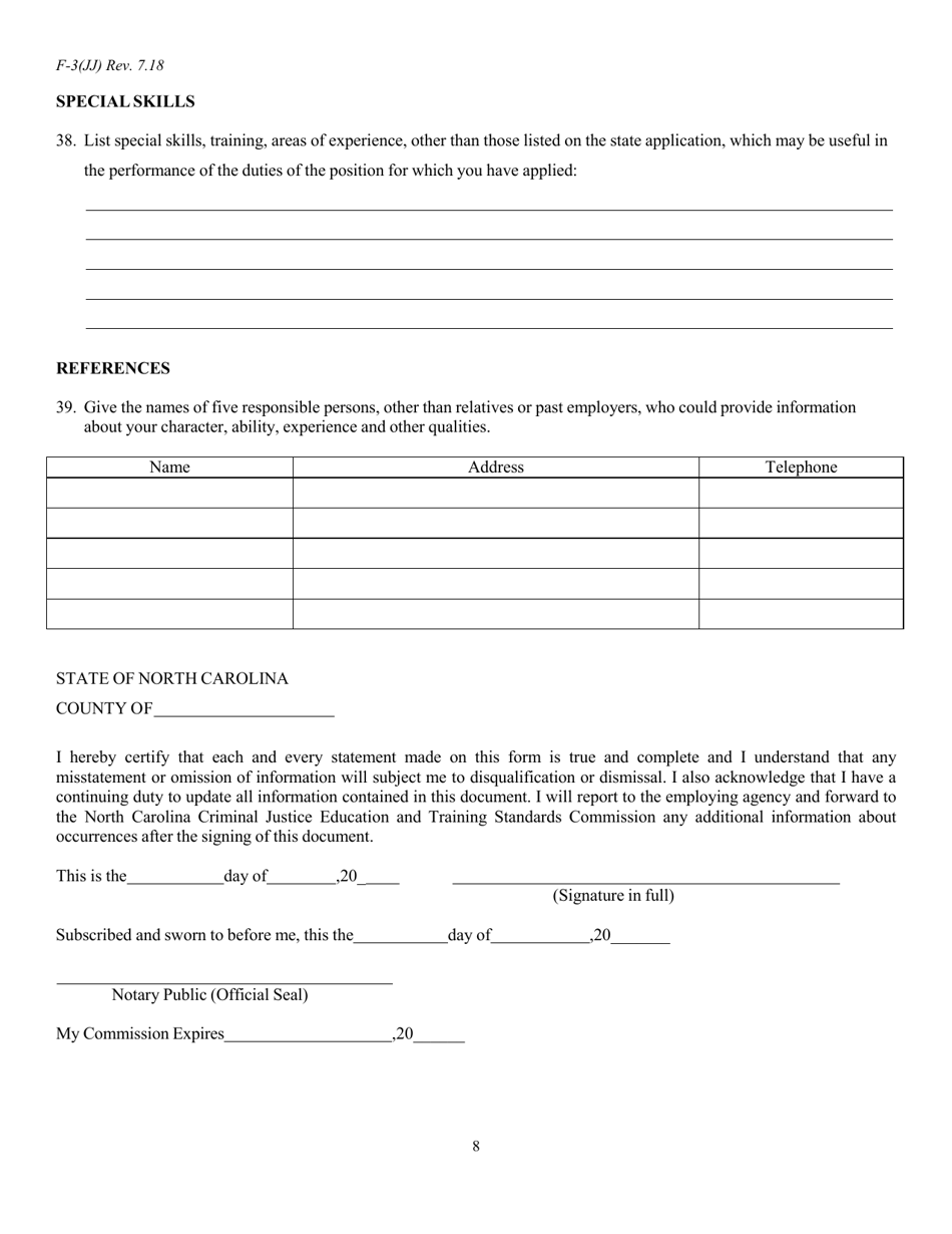 Form F-3 (JJ) Personal History Statement - North Carolina, Page 8