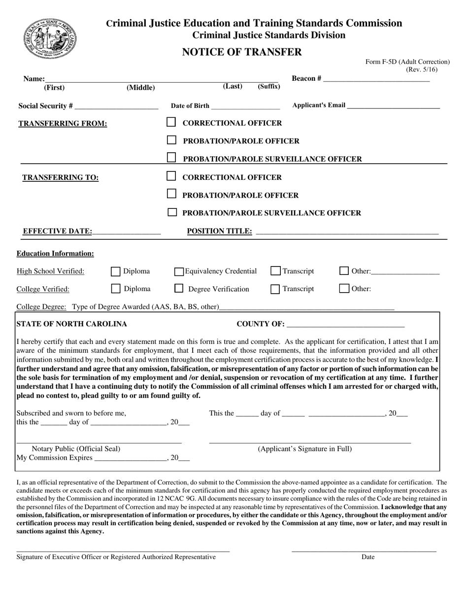 Form F-5D (ADULT CORRECTION) Notice of Transfer - North Carolina, Page 1