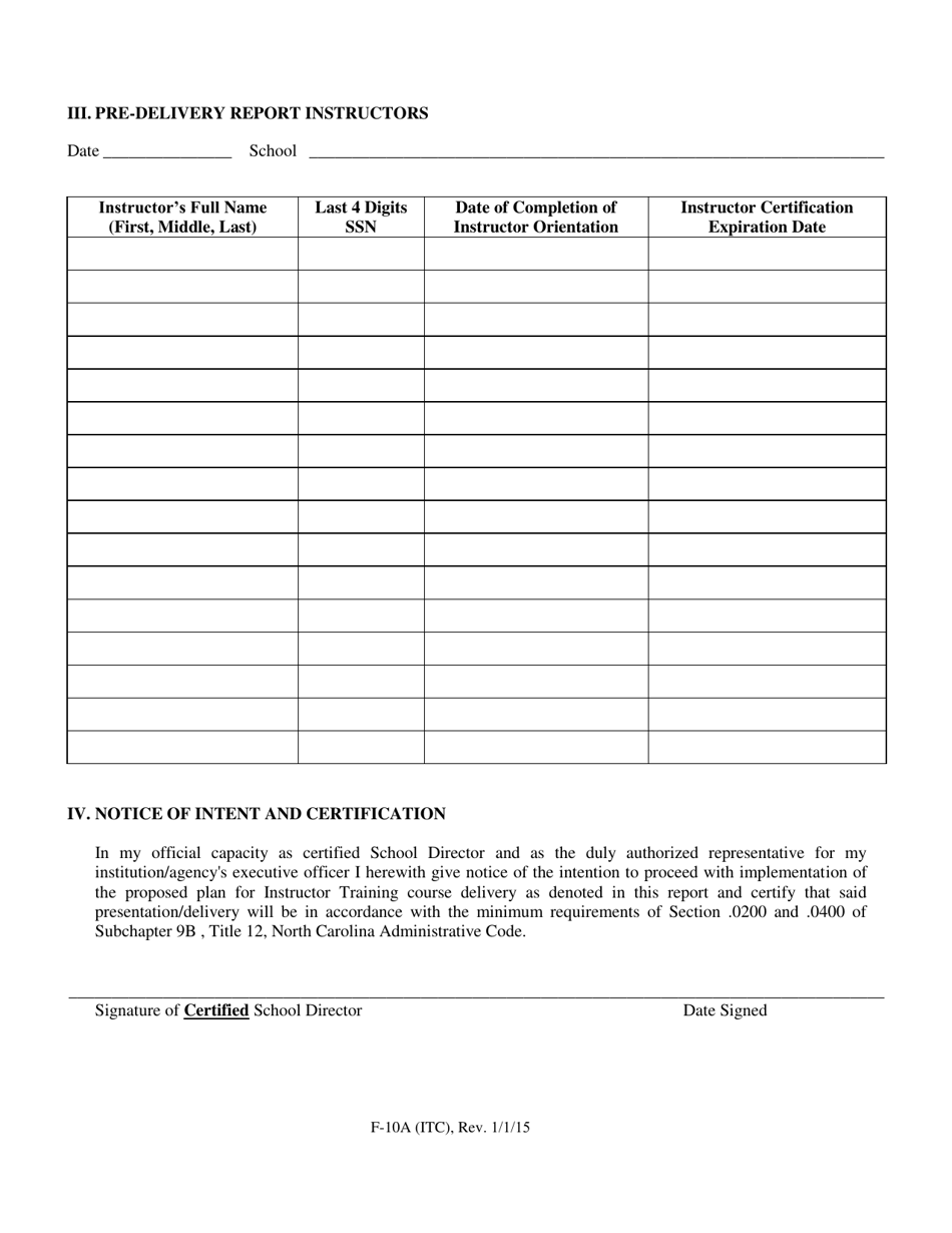 Form F-10A (ITC) Pre-delivery Report of Instructor Training Course Presentation - North Carolina, Page 2
