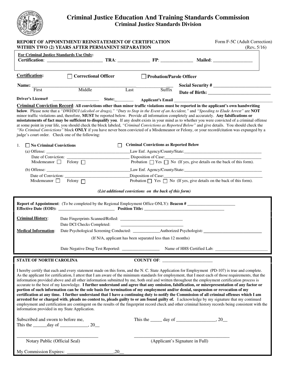 Form F-5C (ADULT CORRECTION) Report of Appointment / Reinstatement of Certification Within Two (2) Years After Permanent Separation - North Carolina, Page 1