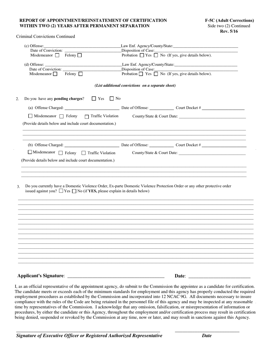 Form F-5C (ADULT CORRECTION) Report of Appointment / Reinstatement of Certification Within Two (2) Years After Permanent Separation - North Carolina, Page 2