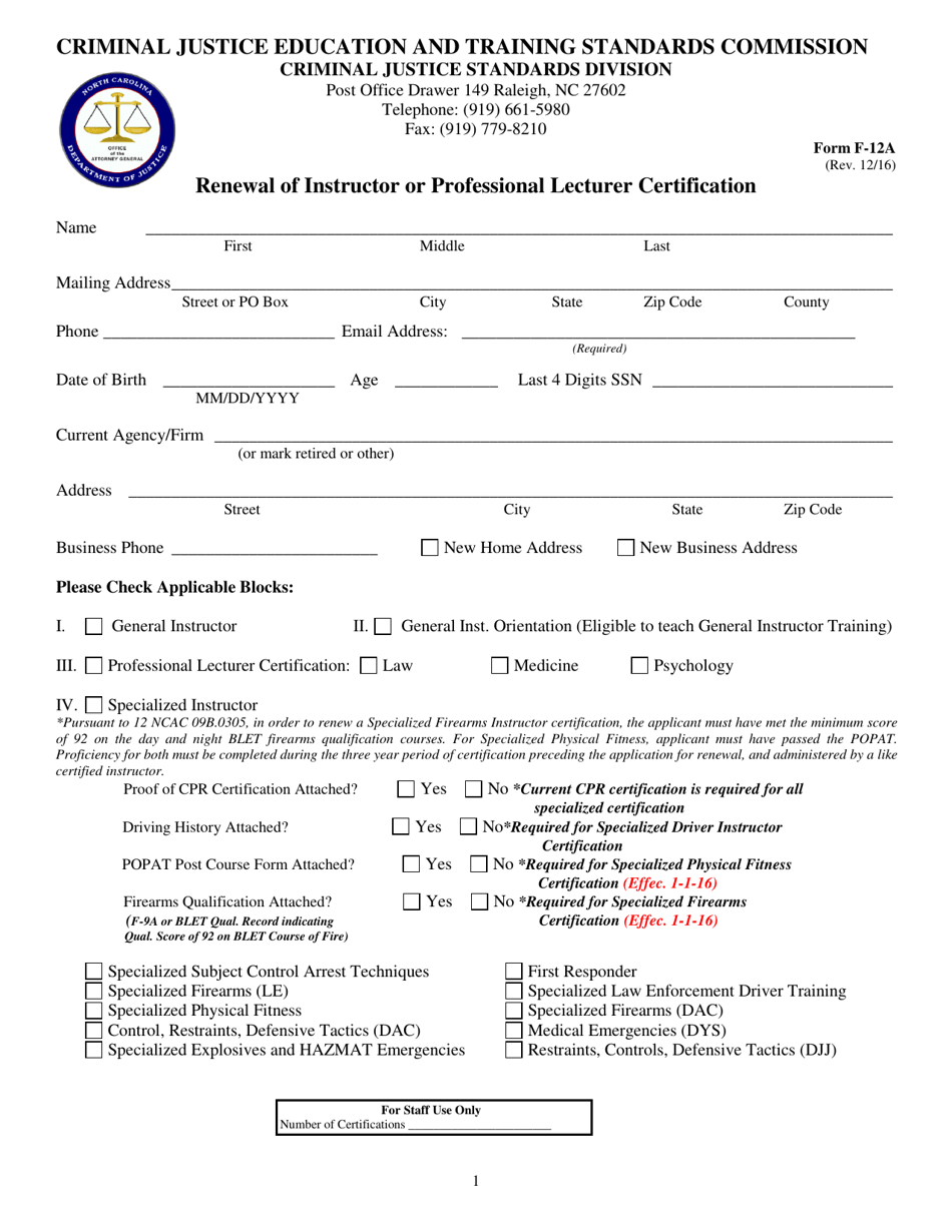 Form F-12A Renewal of Instructor or Professional Lecturer Certification - North Carolina, Page 1