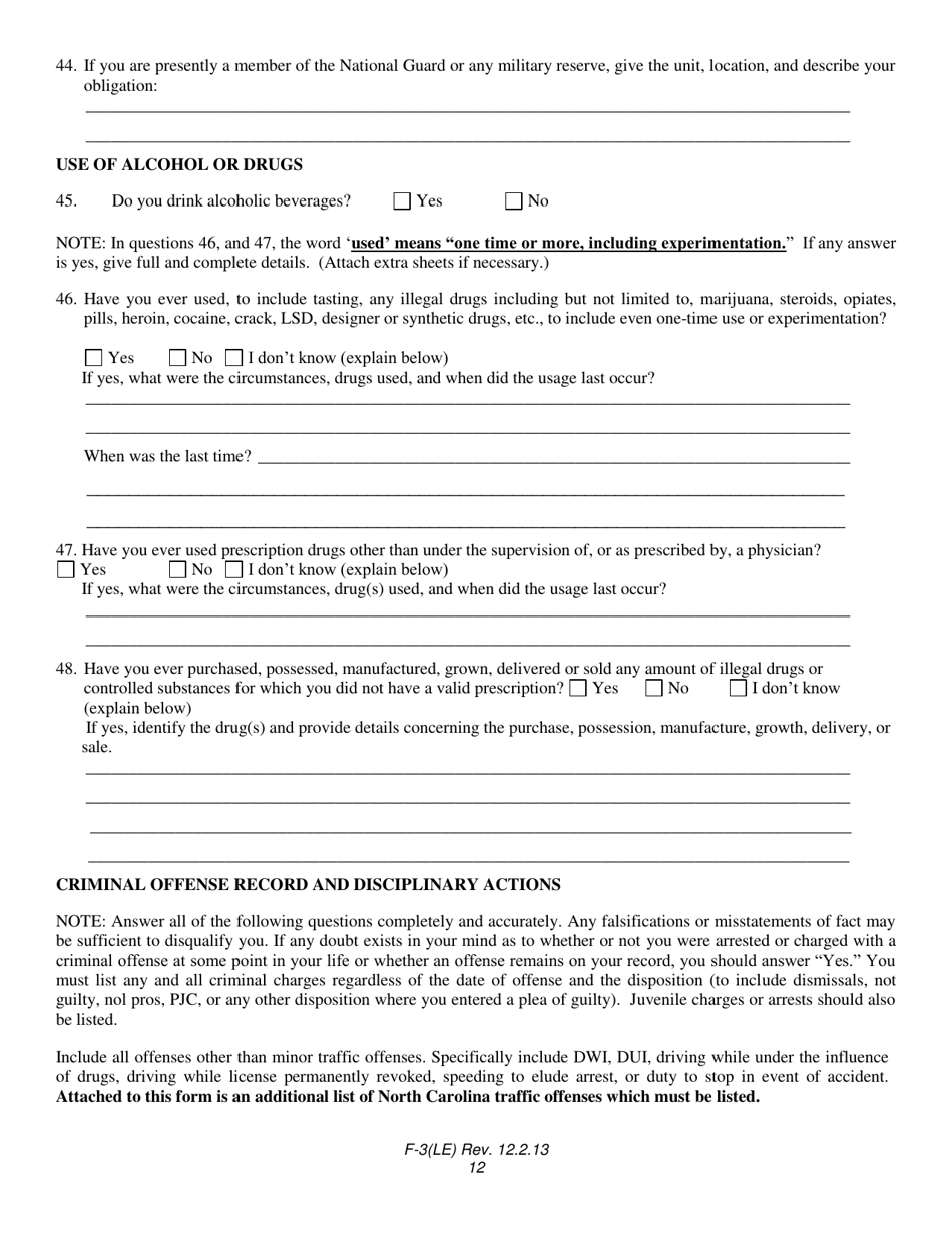 Form F-3(LE) Law Enforcement Personal History Statement - North Carolina, Page 12