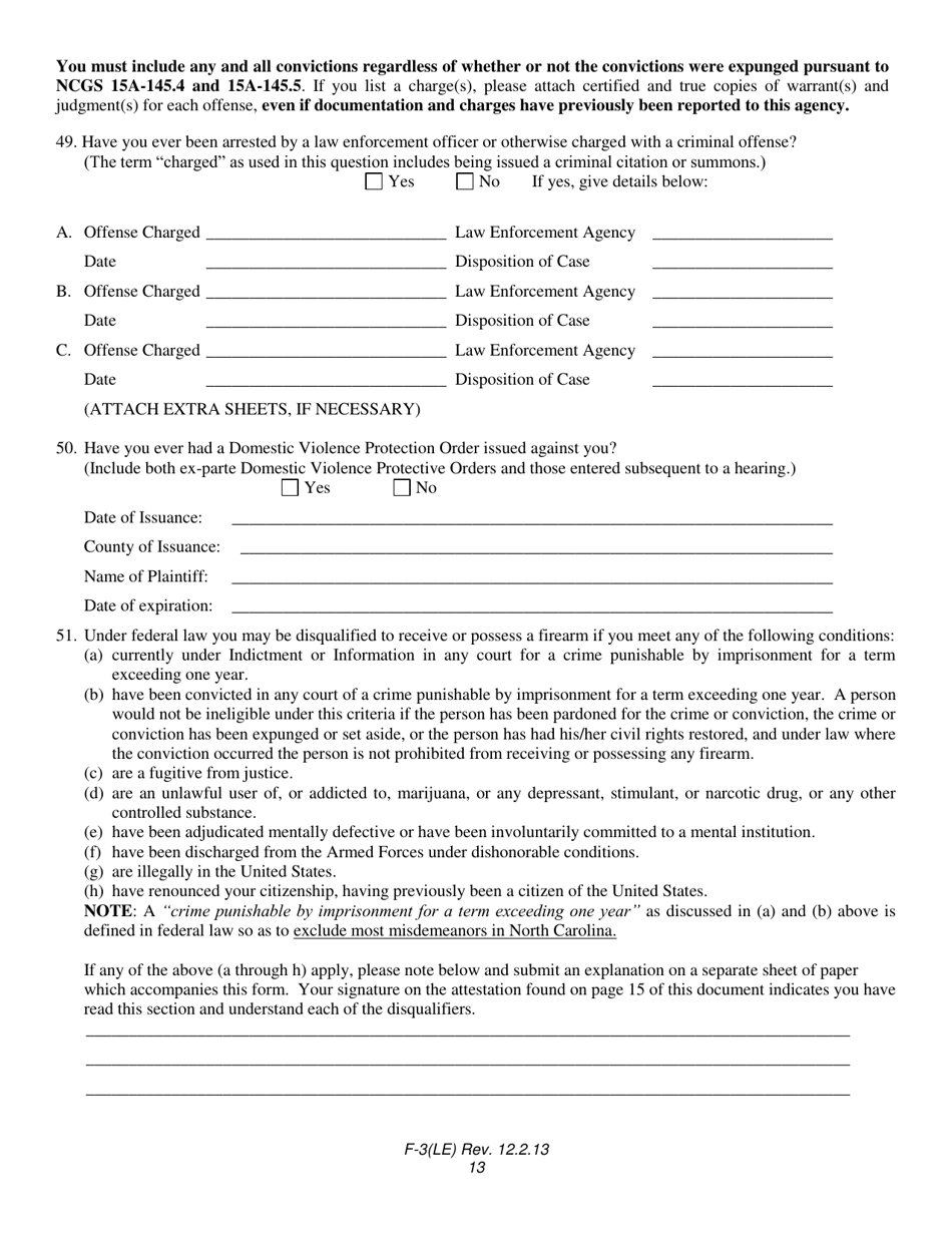 Form F-3(LE) Law Enforcement Personal History Statement - North Carolina, Page 13