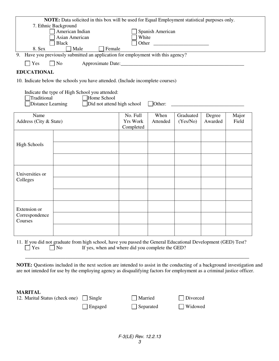 Form F-3(LE) Law Enforcement Personal History Statement - North Carolina, Page 3