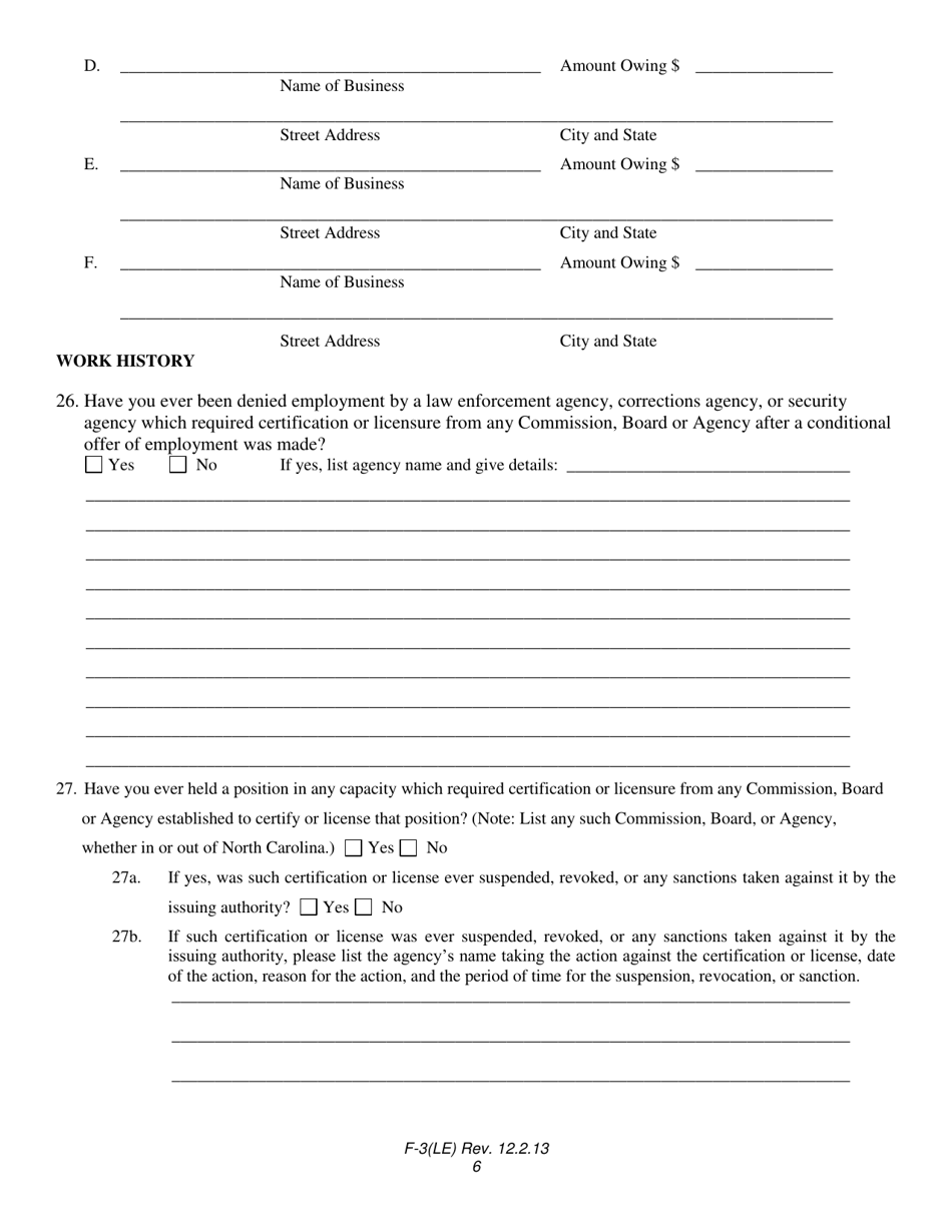 Form F-3(LE) Law Enforcement Personal History Statement - North Carolina, Page 6