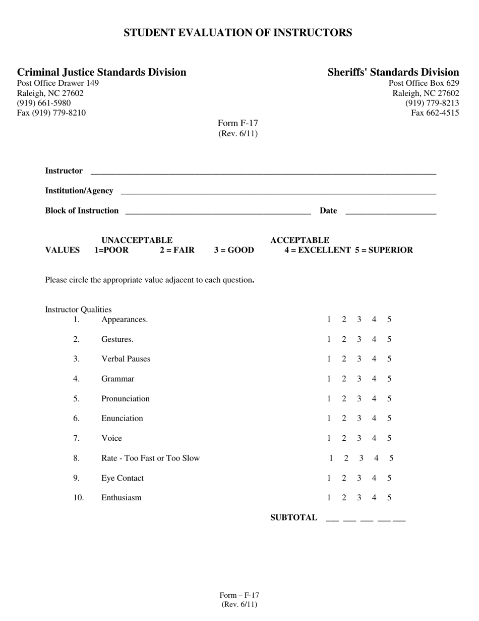 Form F-17 Student Evaluation of Instructors - North Carolina, Page 1