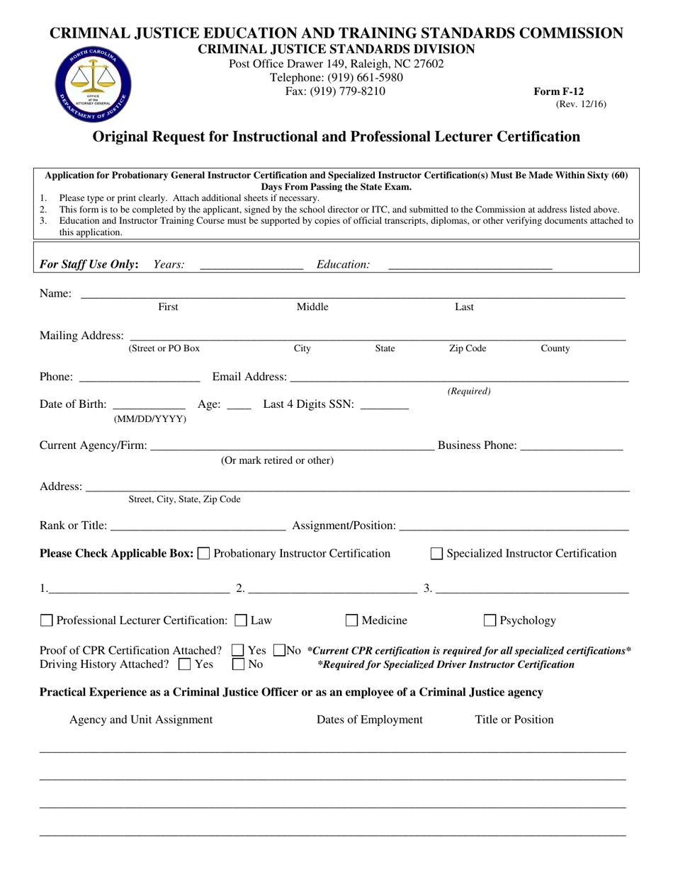 Form F-12 Original Request for Instructional and Professional Lecturer Certification - North Carolina, Page 1