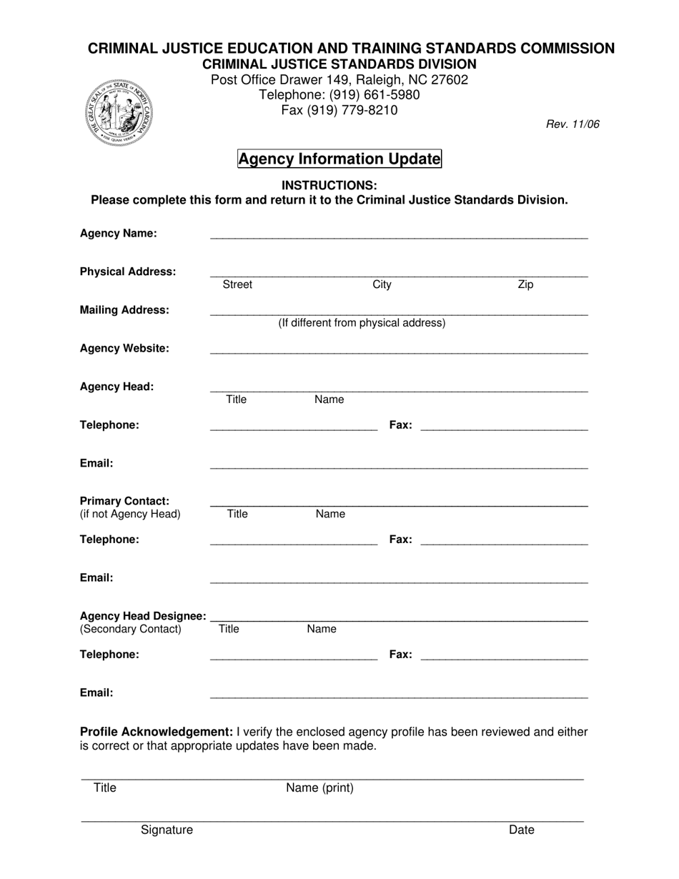 Agency Information Update Form - North Carolina, Page 1