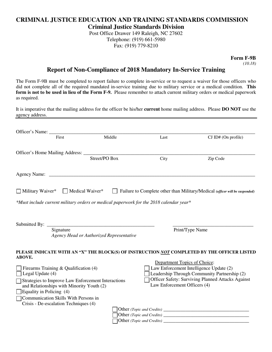 Form F-9B Report of Non-compliance (In-Service Training) - North Carolina, Page 1