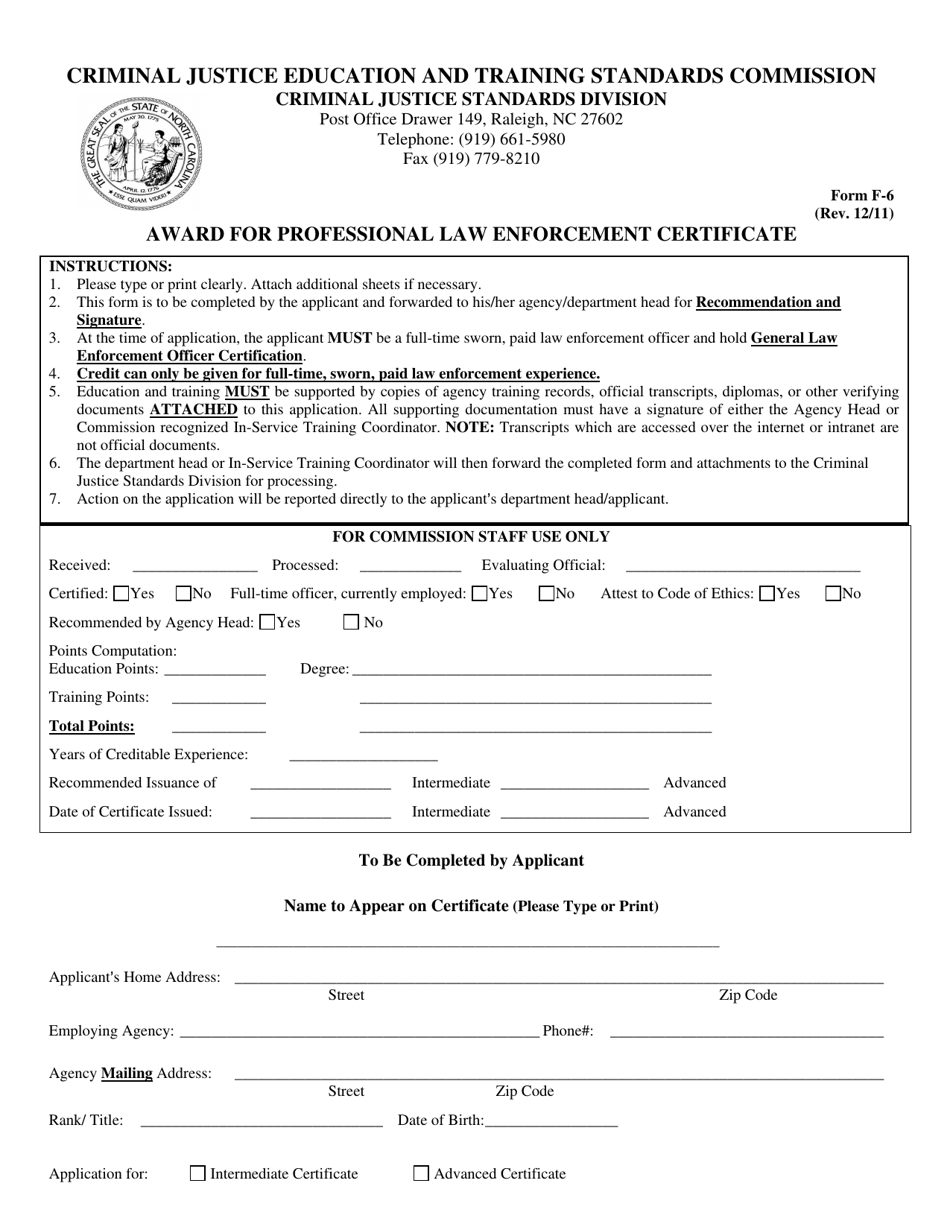 Form F-6 Professional Law Enforcement Certificate Application - North Carolina, Page 1