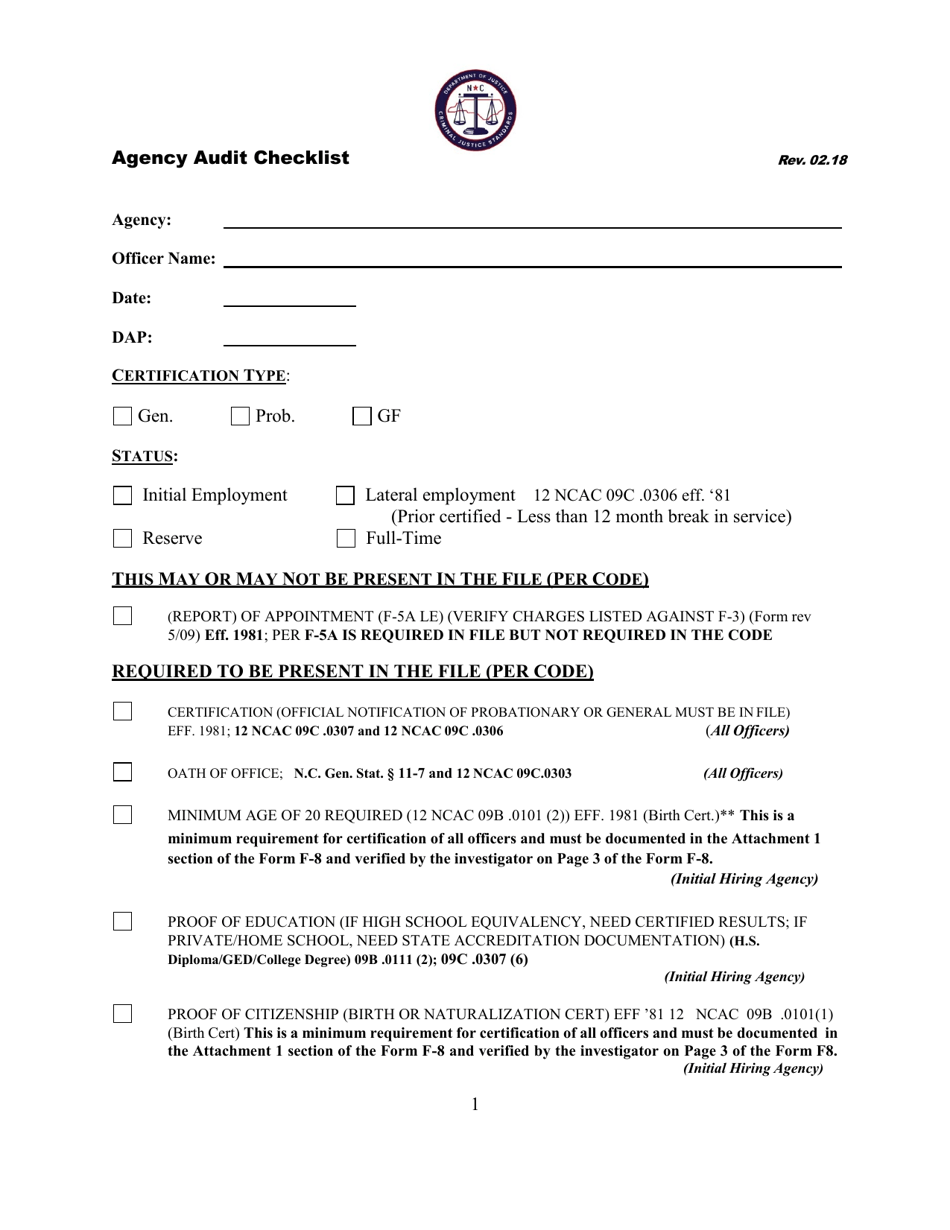 Agency Adult Checklist - North Carolina, Page 1