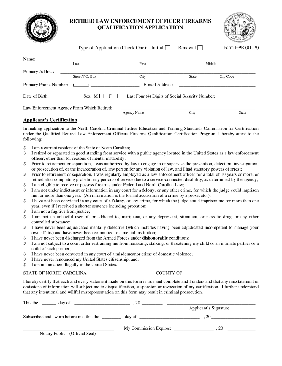 Form F-9R Retired Law Enforcement Officer Firearms Qualification Application - North Carolina, Page 1