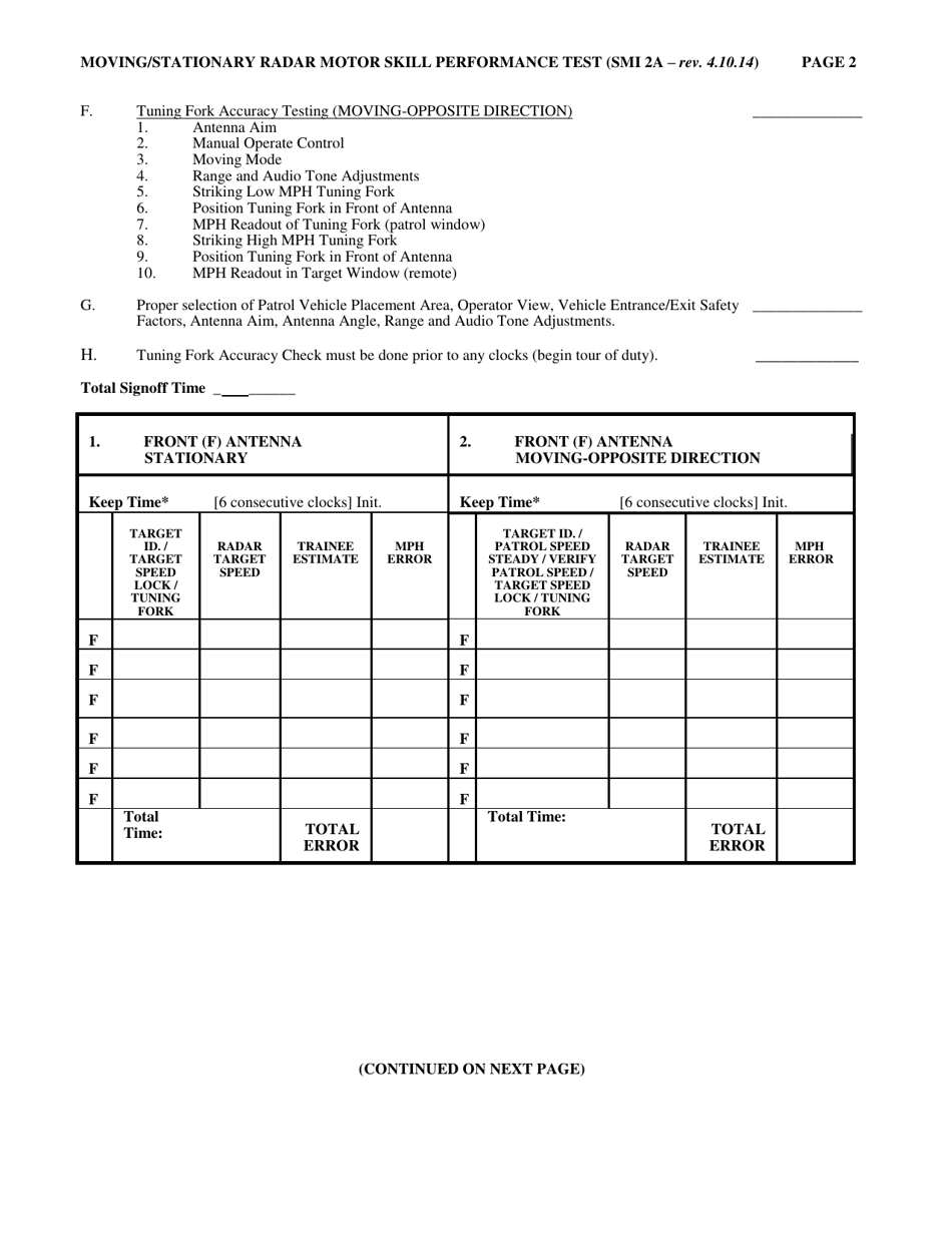 Form SMI2A Moving / Stationary Radar Motor Skill Performance Test - North Carolina, Page 2