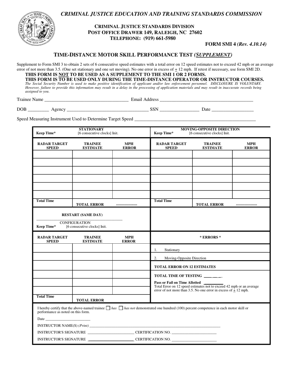 Form SMI4 Time-Distance Motor Skill Performance Test (Supplement) - North Carolina, Page 1