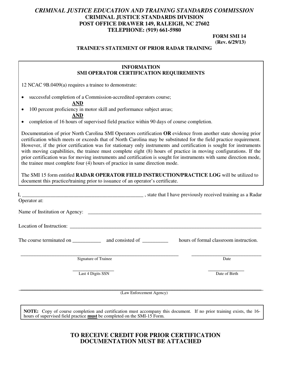 Form SMI14 Trainees Statement of Prior Radar Training - North Carolina, Page 1