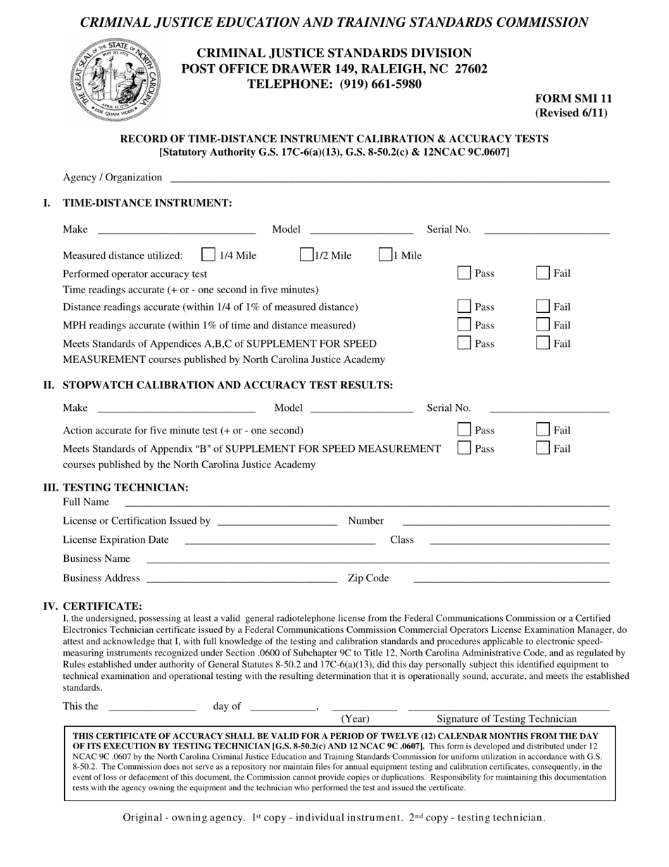 Form SMI11 Record of Time-Distance Instrument Calibration and Accuracy Tests - North Carolina, Page 1