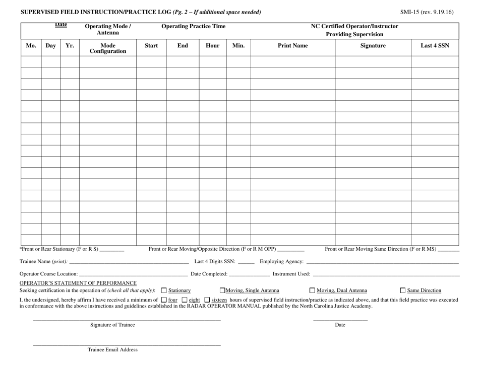 Form SMI15 Smi Operator Supervised Field Instruction / Practice Log - North Carolina, Page 2