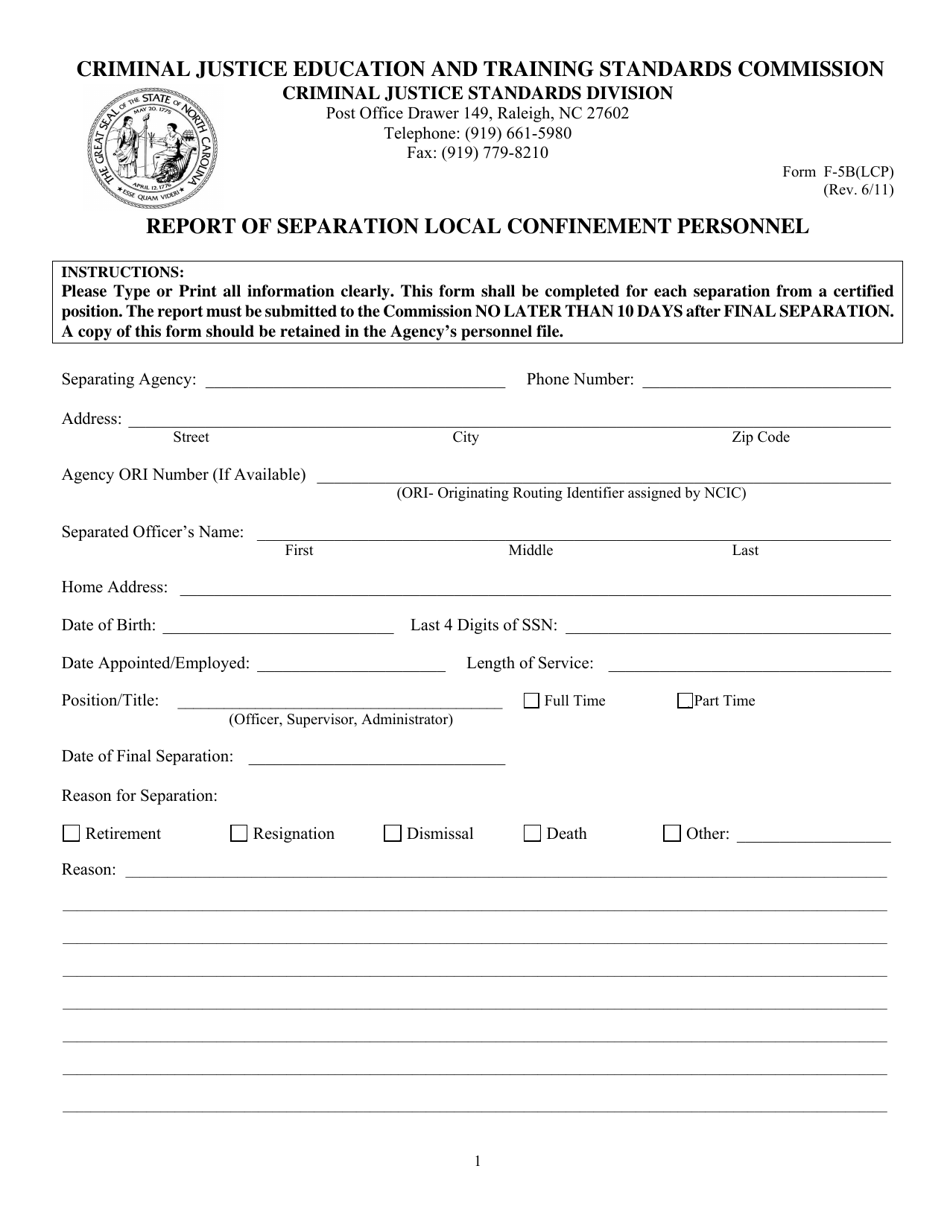 Form F-5B(LCP) Report of Separation for Local Confinement Personnel - North Carolina, Page 1