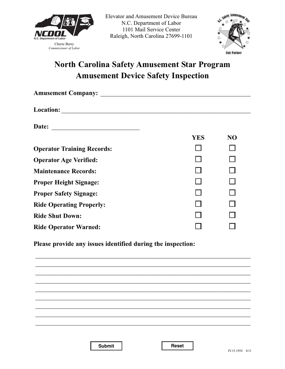 North Carolina Amusement Device Safety Inspection Form - Fill Out, Sign ...