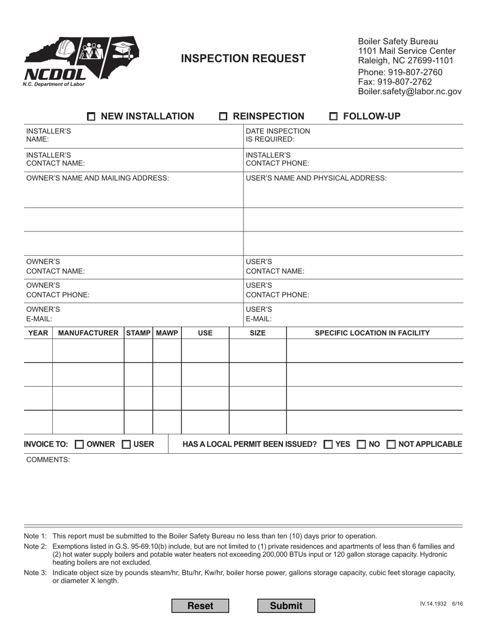 Inspection Request Form - North Carolina, Page 1