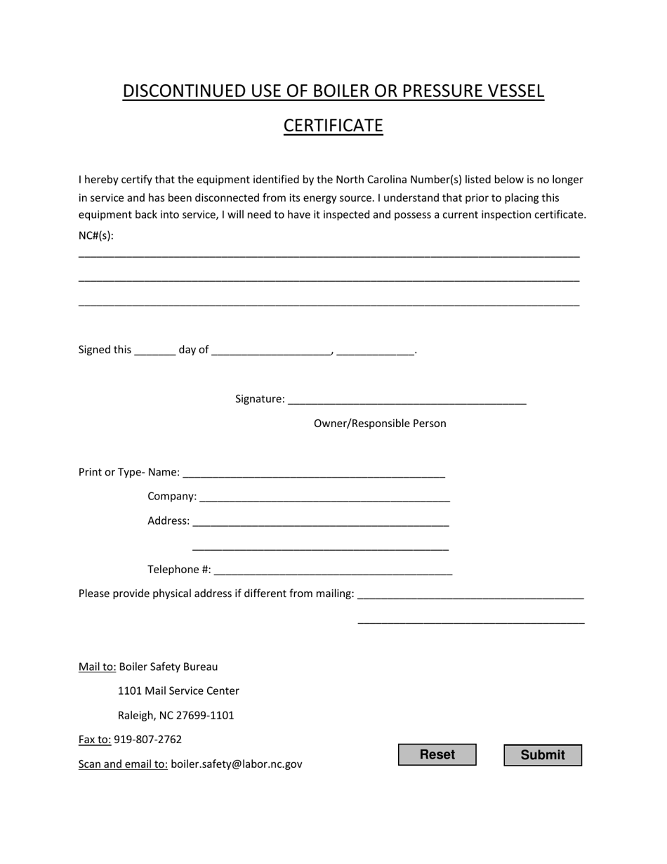 Discontinued Use of Boiler or Pressure Vessel Certificate - North Carolina, Page 1