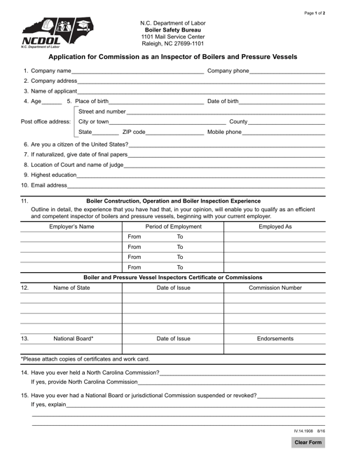 Application for Commission as an Inspector of Boilers and Pressure Vessels - North Carolina Download Pdf