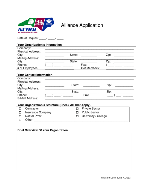 Alliance Application Form - North Carolina Download Pdf