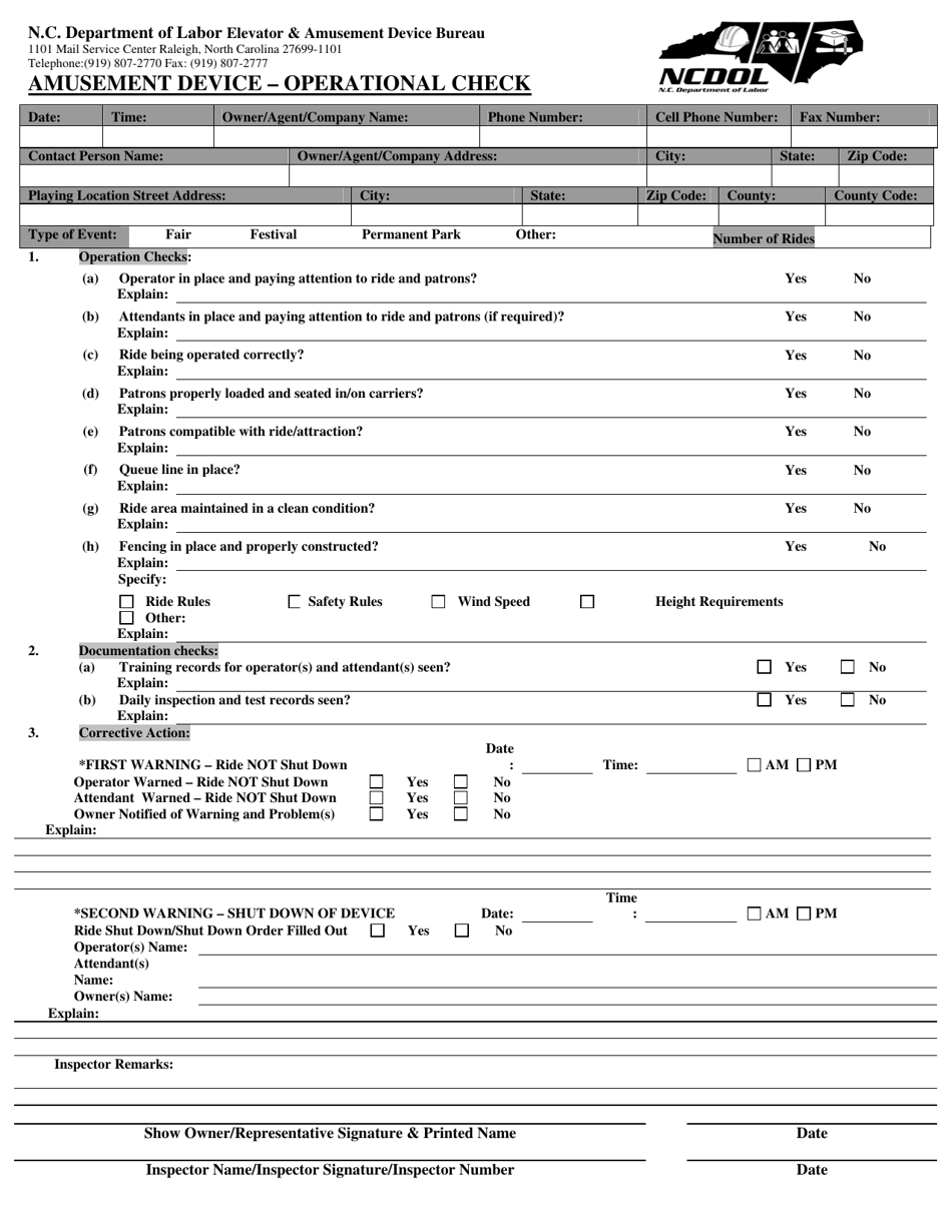 North Carolina Amusement Device - Operational Check - Fill Out, Sign ...