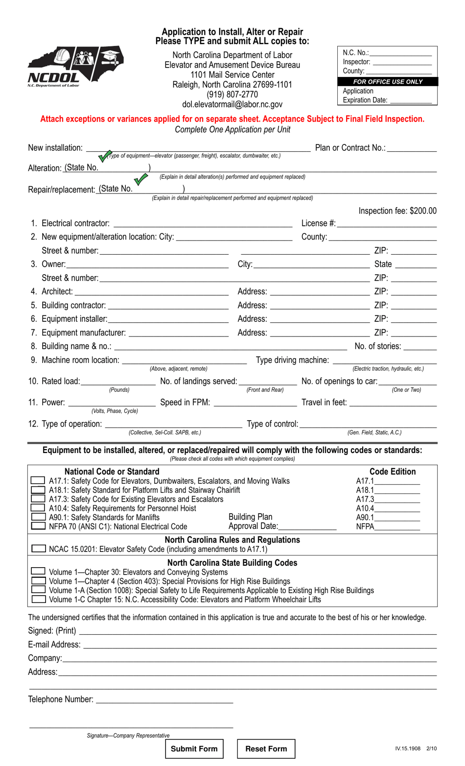 Application to Install, Alter or Repair - North Carolina, Page 1