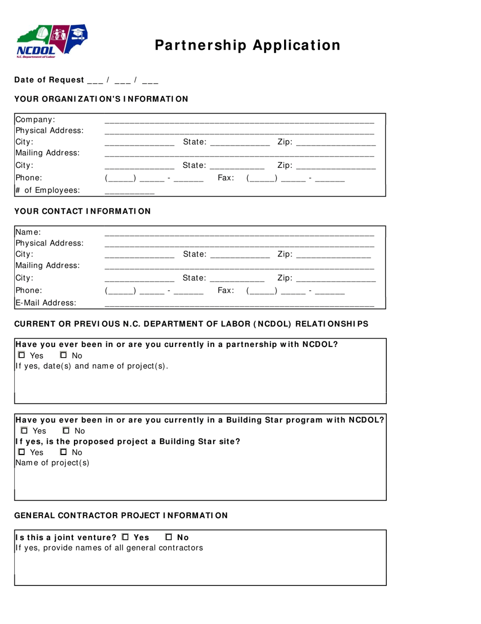 Partnership Application Form - North Carolina, Page 1