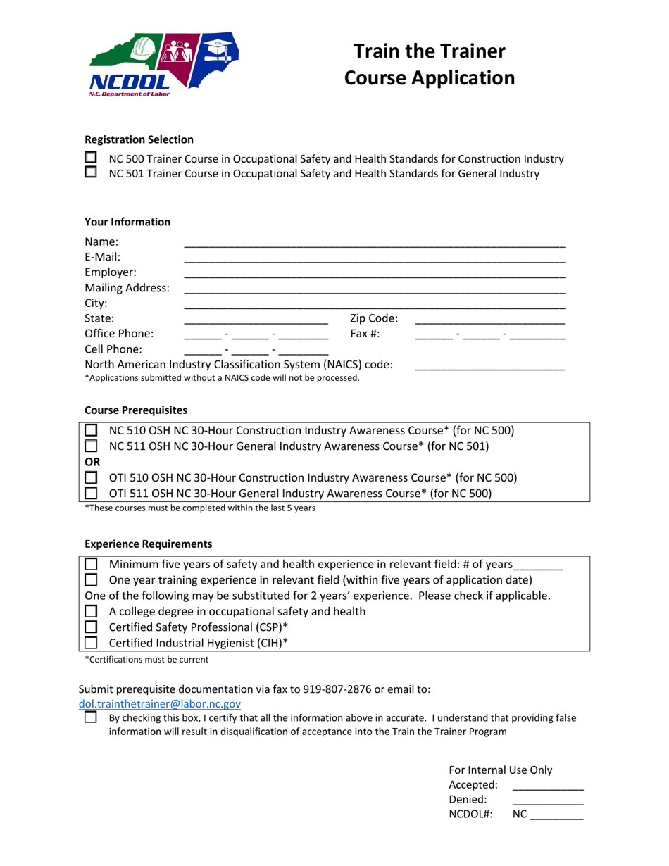 Train the Trainer Course Application Form - North Carolina, Page 1