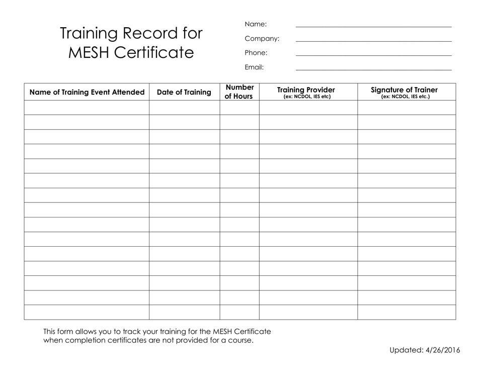 Training Record for Mesh Certificate - North Carolina, Page 1