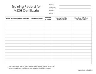Training Record for Mesh Certificate - North Carolina