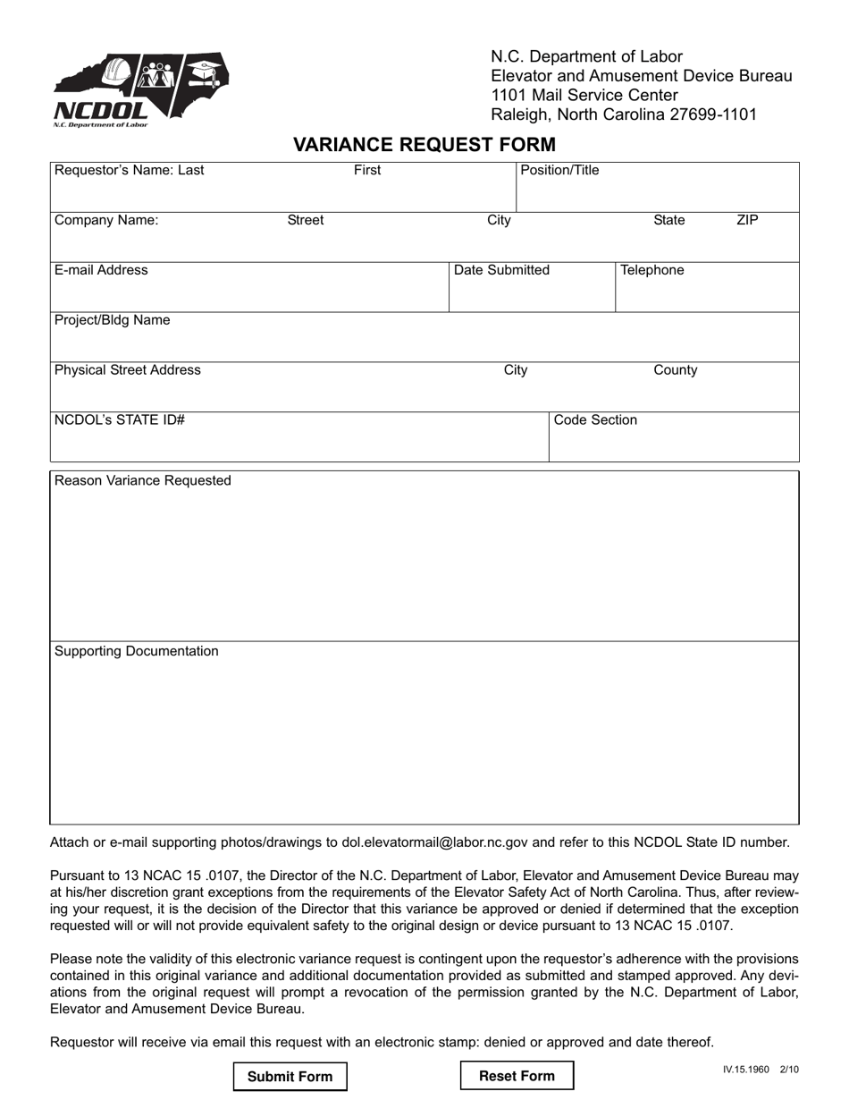 Variance Request Form - North Carolina, Page 1