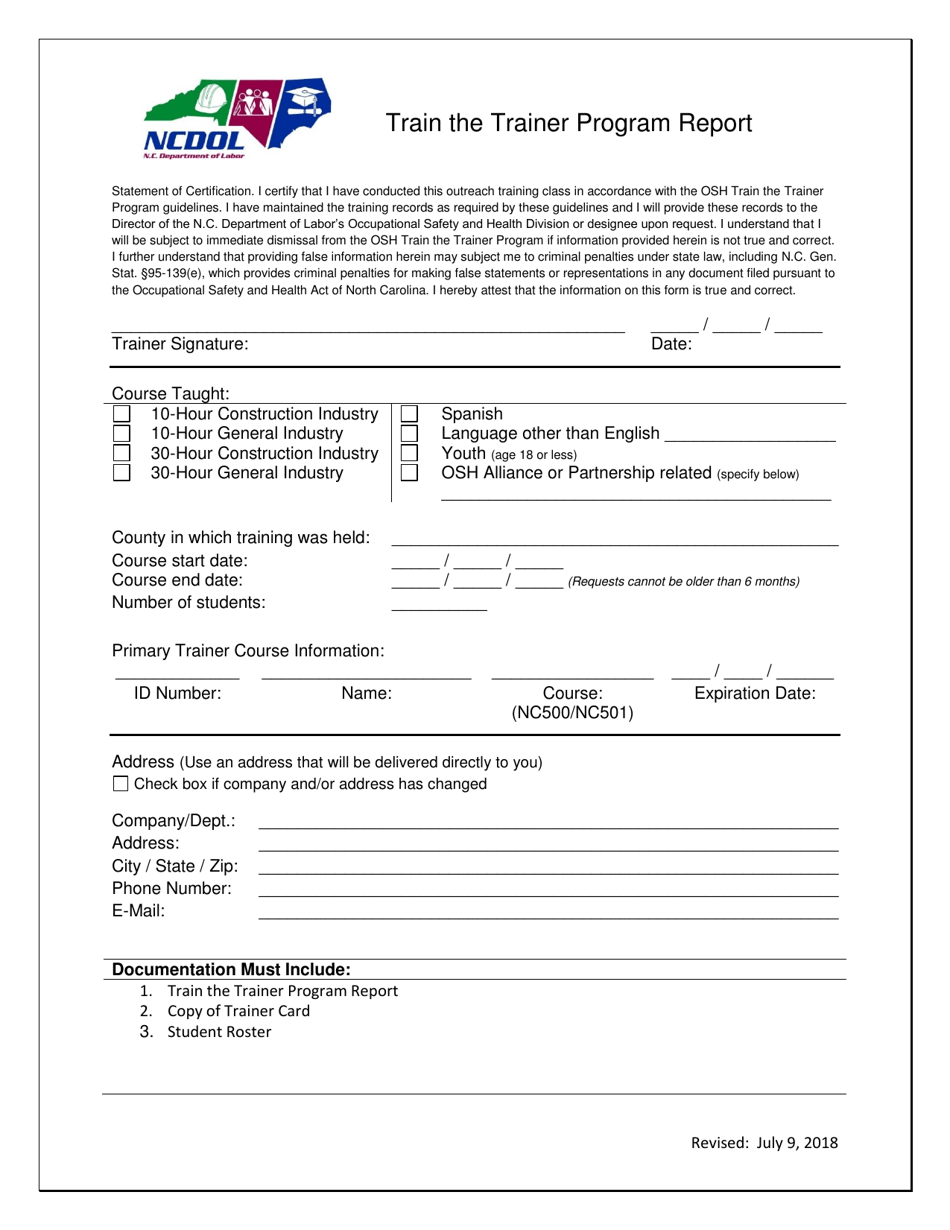 North carolina train the trainer program report form fill out sign